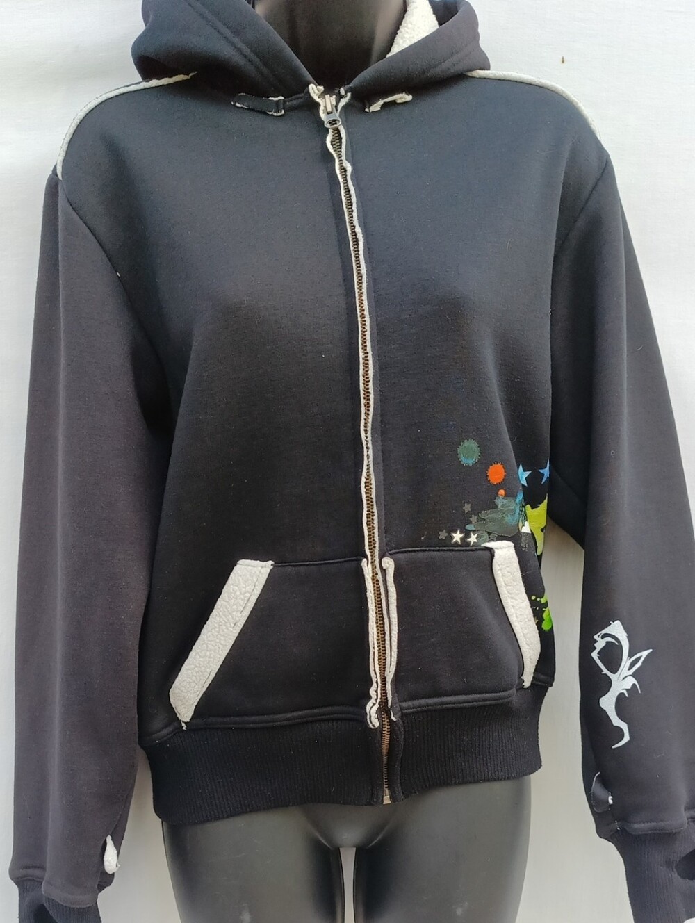 Ripzone Upcycled Thick Black Zip-Up Hoodie Jacket w Sherpa Trim & Winter Lining